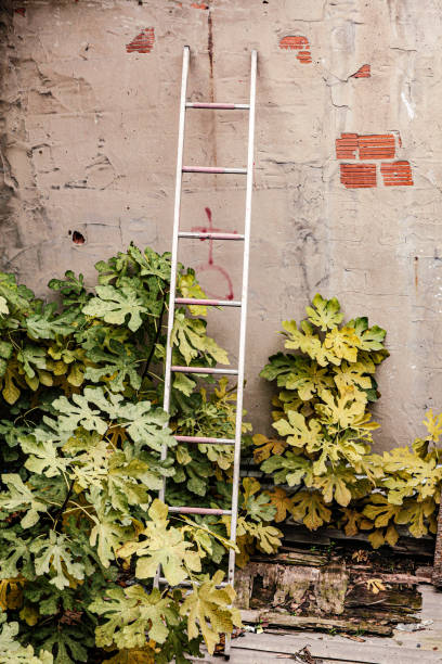 istock Metal staircase on the wall old vintage retro 1387128557