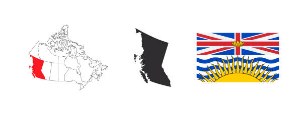 ilustraciones, imágenes clip art, dibujos animados e iconos de stock de mapa de columbia británica. bandera de columbia británica. provincias y territorios de canadá. ilustración vectorial - canada provinces flag vancouver