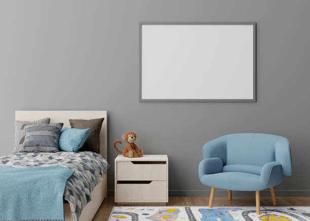 istock Empty horizontal picture frame on gray wall in modern child room. Mock up interior in scandinavian style. Free, copy space for your picture, poster. Bed, toys. Cozy room for kids. 3D rendering. 1387128603