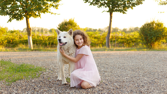 Adorable curly little girl 7 year old girl in pink dress hugs her favorite dog during a summer walk. Horizontal view.