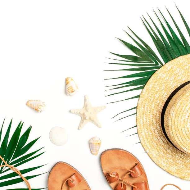 Woman's beach accessories flat lay. Straw hat, leather sandals, tropical palm leaves, seashells, starfish on white background. Top view copy space. Summer backdrop