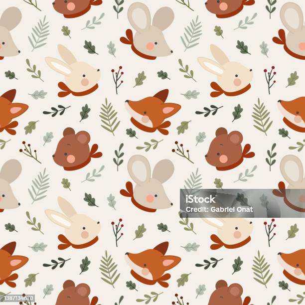 Fox And Rabbit Templete Animal Seamless Pattern Fox And Rabbit Bunny Background Vector Stock ...