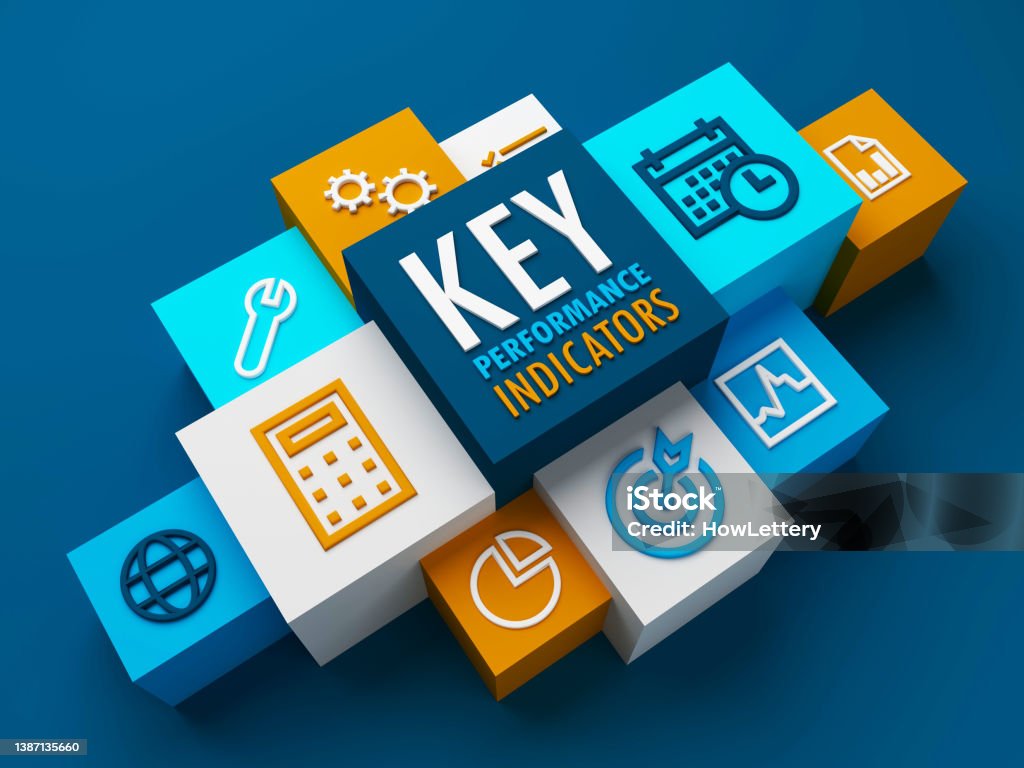 3D render of KEY PERFORMANCE INDICATORS business concept banner 3D render of perspective view of KEY PERFORMANCE INDICATORS business concept banner on dark blue background Business Strategy Stock Photo