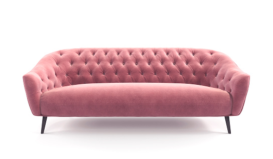 Modern fashionable stylish pink sofa with carriage stitch, buttons, with legs on isolated white background. Furniture, interior object, stylish sofa. Romantic female sofa.