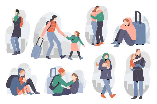 ilustrações de stock, clip art, desenhos animados e ícones de refugees leaving country, people feeing from war conflict, immigrants with children, babies running away from humanitarian crisis, mothers with babies, set of vector illustrations - refugees