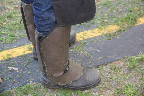 istock Adult man wearing leg protective work clothes,gardener. 1387139905