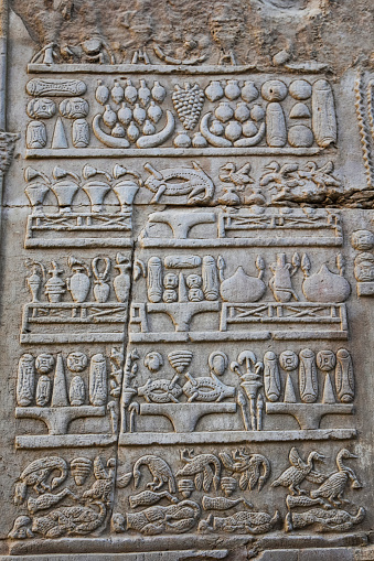 Food pantry hieroglyphic, showing various jugs, jars, loafs of bread, animals and other food items on shelves at the Temple of Kom Ombo in Kom Ombo, Egypt.