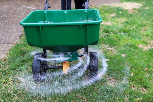 A seed and fertilizer spreader sitting out on a lawn stock photo