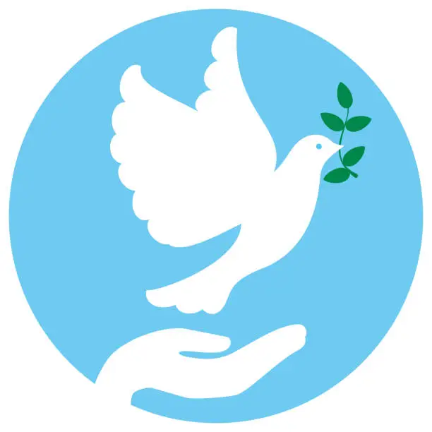 Vector illustration of A hand with dove of peace holding an olive branch. Peace symbol.