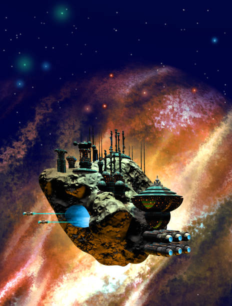 istock Alien space base on asteroid, stars and nebula in the background, 3d illustration, 1387145838