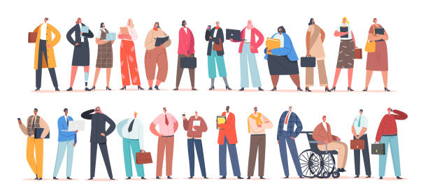 Diverse Business Men and Women, Confident Male and Female Characters Caucasian, Arab, African, Indian or Pakistan Diverse Business Men and Women, Confident Male and Female Characters Caucasian, Arab, African, Indian or Pakistan, Asian Ethnicity Wear Formal Clothes Stand in Row.. Cartoon People Vector Illustration invalid person stock illustrations