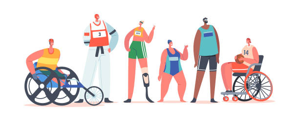 Paralympic Athletes, Disabled Sportsmen and Sportswomen Characters on Wheelchair. with Bionic Leg Prosthesis Paralympic Athletes, Disabled Sportsmen and Sportswomen Characters on Wheelchair. with Bionic Leg Prosthesis, Young Amputee Men or Women with Body Injuries. Cartoon People Vector Illustration athletic legs stock illustrations