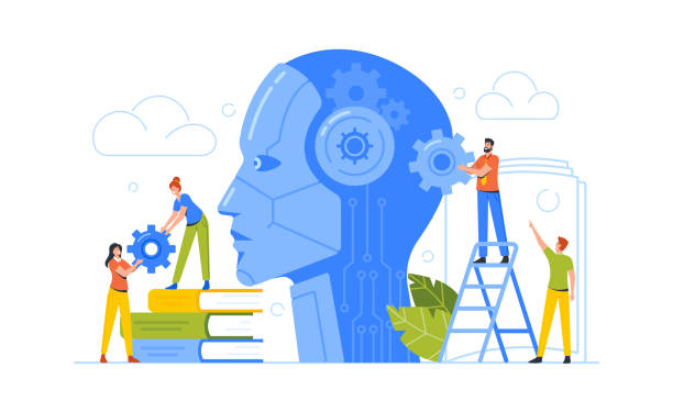 Tiny Business Characters with Gears at Huge Cyborg Head. Artificial Intelligence, Machine Learning and Training Concept vector art illustration