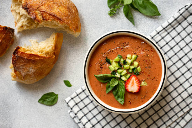 istock Gazpacho andaluz cold tomato soup in bowl. Top view. 1387149421