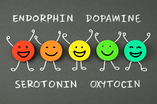 Blackboard with smiley face and text Endorphin,Serotonin,Dopamine, Oxytocin