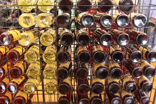 Close-up of a rack of wine bottles