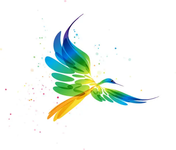 Vector illustration of Multicolored vector stylized bird art in flight on a white background