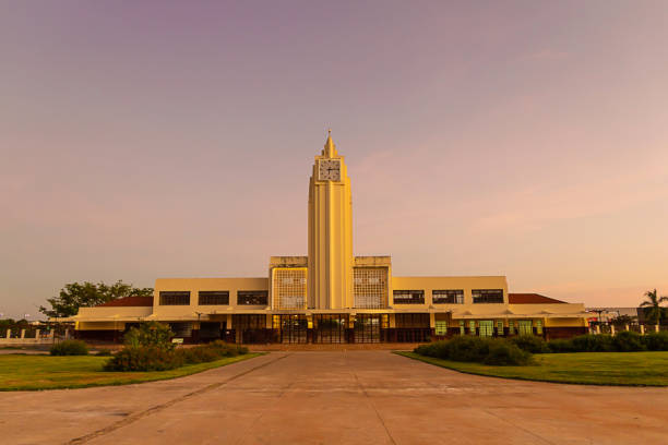 Goiânia, Goias, Brazil – March 22, 2022: Detail of the old Goiânia Railway Station (current Frei Confaloni Museum) in the morning, just at sunrise. Construction in art deco style.