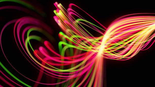 istock 3d render. Light flow bg. Abstract background with light trails, stream of green red yellow neon lines form spiral shapes. Modern trendy motion design background light effect 1387152752