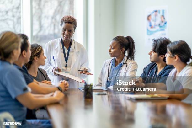 Female Doctor Teaching Nursing Students Stock Photo - Download Image Now - Healthcare And Medicine, Nurse, Leadership