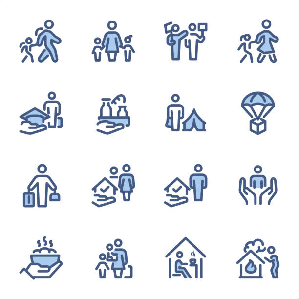 난민 - 픽셀 완벽한 파란색 라인 아이콘 - displaced persons camp illustrations stock illustrations