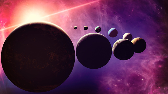 Planets and exoplanets of unexplored galaxies. Sci-Fi. New worlds to discover. Colonization and exploration of nebulae and galaxies. Planet and rings. 3d rendering