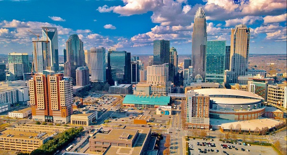 Aerial view from Trade St side near Spectrum Arena