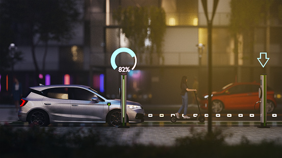 An electric vehicle at a charging station in the city at night. All items in the scene are 3D, charging station and concept cars are not based on any real ones.