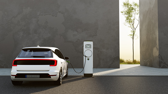 An electric vehicle at a charging station. All items in the scene are 3D, charging station and concept cars are not based on any real ones.