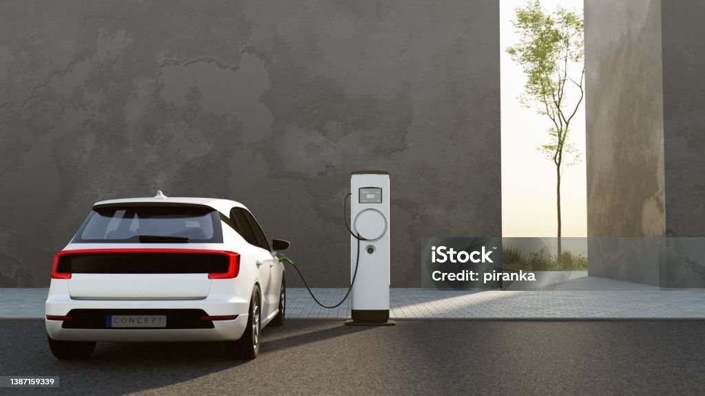 Electric vehicle charging An electric vehicle at a charging station. All items in the scene are 3D, charging station and concept cars are not based on any real ones. Electric Car Stock Photo