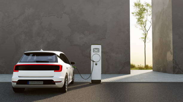 Electric vehicle charging An electric vehicle at a charging station. All items in the scene are 3D, charging station and concept cars are not based on any real ones. electric car stock pictures, royalty-free photos & images