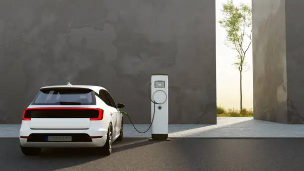 An electric vehicle at a charging station. All items in the scene are 3D, charging station and concept cars are not based on any real ones.