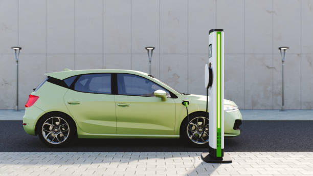 Electric vehicle An electric vehicle at a charging station in the city. All items in the scene are 3D, charging station and concept cars are not based on any real ones. tesla motors stock pictures, royalty-free photos & images