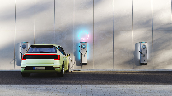 An electric vehicle charging station. The charging station and concept car design are not based on any real ones.