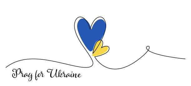 ilustrações, clipart, desenhos animados e ícones de reze pela ucrânia. vetor single line desenho. dois corações com cores de bandeira ucraniana. - praying flags