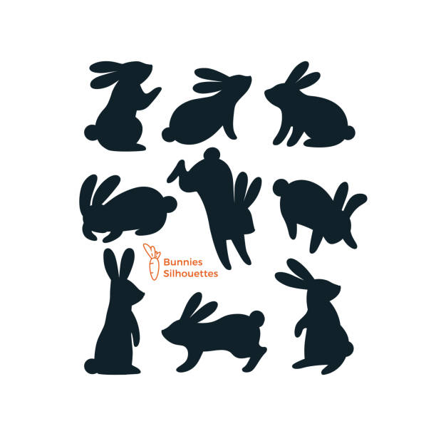 Vector Set of Bunnies Silhouettes. Rabbits Illustration Isolated on White Background. Shapes for Laser Cutting, Trapharet, Logo and Icons Vector Set of Bunnies Silhouettes. Rabbits Illustration Isolated on White Background. Shapes for Laser Cutting, Stencil, Logo and Icons. silhouette of a black and white rabbit stock illustrations