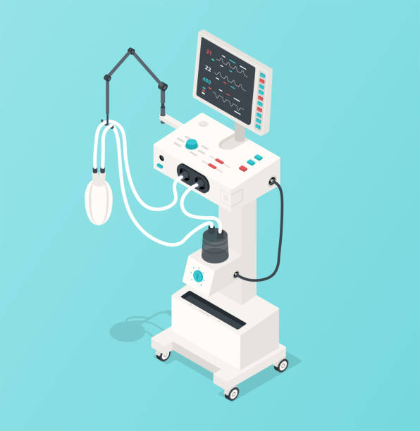 Mechanical ventilation system Mechanical ventilation system. Special devices for protection of lungs, care for the respiratory system. Innovation and implementation of new technologies. Cartoon isometric vector illustration oxygen monitor stock illustrations