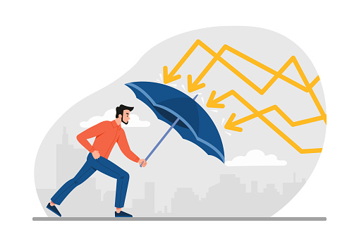 Protection in economy crisis. Man with umbrella hides from graphs and charts. Financial problems and difficulties. Security and savings, successful businessman. Cartoon flat vector illustration