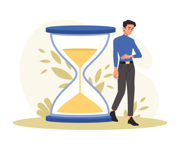 Man looks at clock Man looks at clock. Time running out, management. Responsible employee, character trying to meet deadline. Young businessman or entrepreneur making appointment. Cartoon flat vector illustration impatient stock illustrations