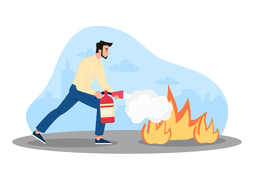Man putting out fire. Character with fire extinguisher, safety and dangerous situation. Fireman fixes problem. Emergency and caution. Male worker in casual clothes. Cartoon flat vector illustration