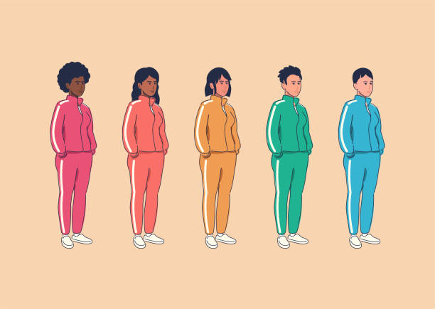 Diverse group of women in tracksuits Multiracial set of women in sport suits. Diverse female group in colorful green, pink, yellow and cyan track suits vector illustration. tracksuit stock illustrations