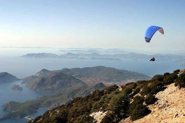 Paraglider fly from Mount Babadag stock photo