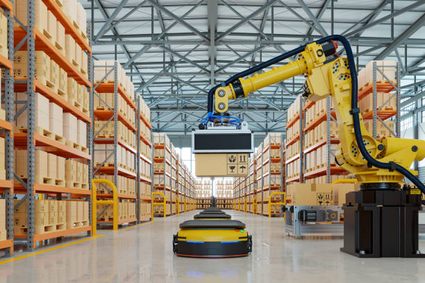 istock Robotic arm for packing with producing and maintaining logistics systems. 1387189470
