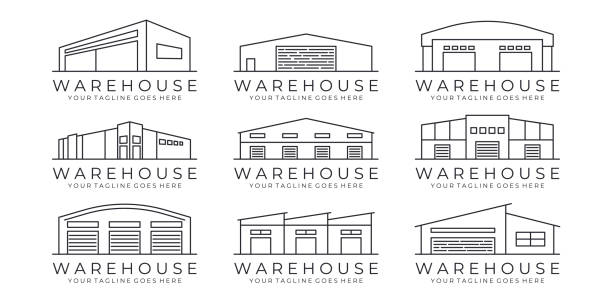 ilustrações de stock, clip art, desenhos animados e ícones de set of warehouse line art icon design vector illustration - distribution warehouse illustrations