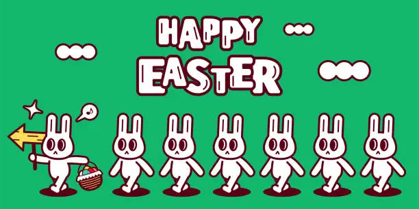 Vector illustration of A bunny guide with a directional sign and a basket of Easter Eggs leads the visitors, with Happy Easter handwriting text