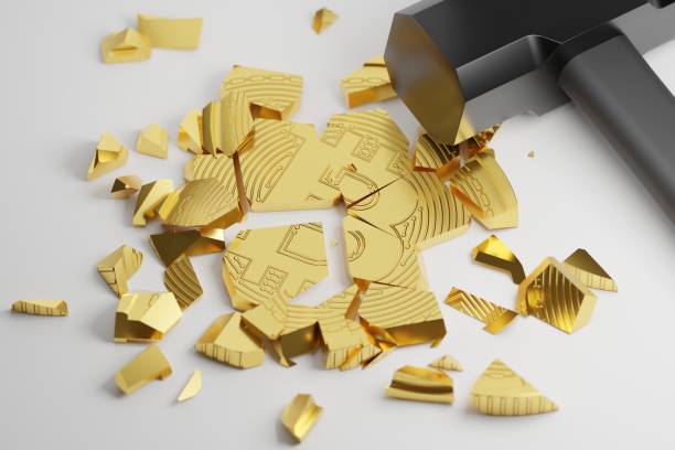 istock 3D rendering gold Bitcoin Break down with hammer fall, Cryptocurrency investment technology digital money crash crisis concept design on white background 1387192608