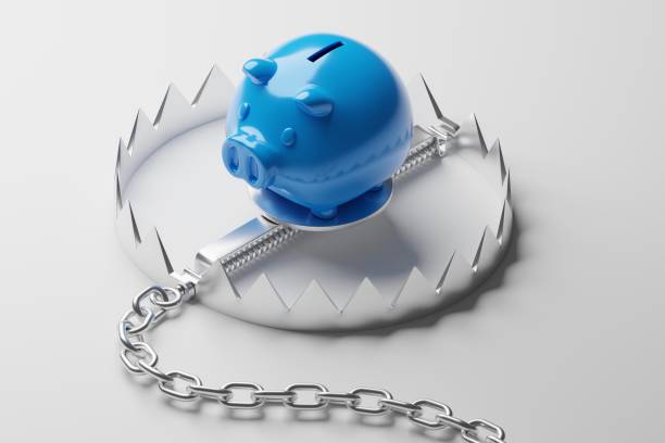 istock Isometric 3D rendering blue piggy bank with iron trap, Investment advisor saving risk concept design on white background with copy space 1387192615