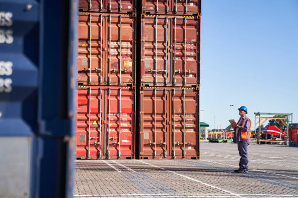 männlicher hafenarbeiter, der inventur macht, während er sich den stapel von containern ansieht - harbor commercial dock engineer service stock-fotos und bilder