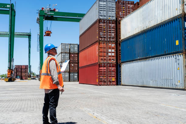 istock Male foreman engineer taking inventory while looking up at stacks of containers 1387192908