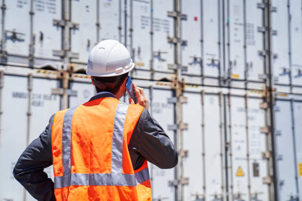 Asian american male customs broker talking on smart phone while looking at containers Rear view of asian american male customs broker wearing hardhat talking on smart phone while looking at stacks of containers during daytime customs official stock pictures, royalty-free photos & images